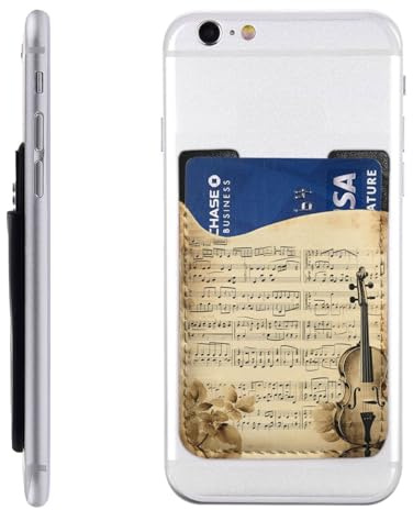 YoupO Music Notes On Old Paper Printed Phone Card Holder,Leather Phone Wallet Stick On,Card Holder For Back Of Phone,Compatible With Most Of Cell Phone (Iphone,Android), White, One Size
