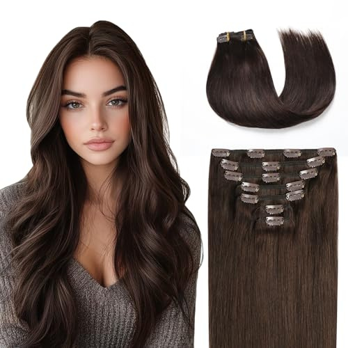 MISSME Clip in Extensions Echthaar, 7 Stück 50cm Echthaar Extensions Clip 110g Haarverlängerung Echthaar #2 Dunkel Braun Extainsons Echthaar Clips Naturbraun