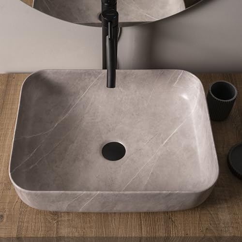 NORBE | Lavabo da appoggio in Ceramica | Lavandino in appoggio effetto Marmo | Rettangolare (Marmo Grigio, 50 x 39 cm)