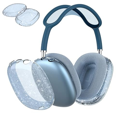 Aircawin Schutzhülle für AirPods Max, transparent, glitzernd, stoßfest, transparent, kratzfest, weiche TPU-Schutzhülle, kein Vergilben, Zubehör für AirPod Max Kopfhörer, blauer Glitzer