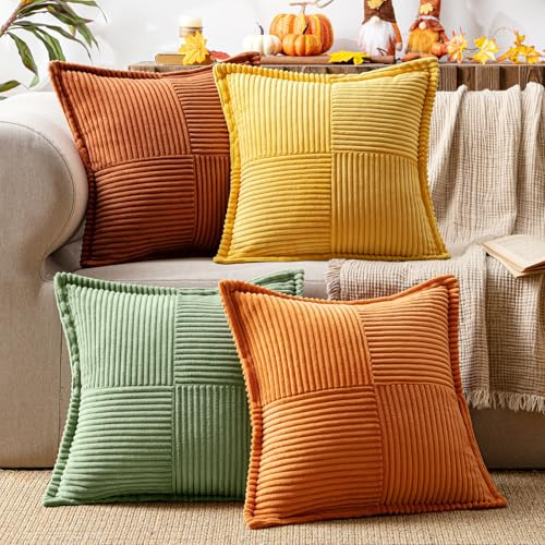 MIULEE 4er Set Kissenbezug 45×45cm Kordsamt Biese Patchwork Orange Grün | Weich Dekorativ Modern Vielseitig Pflegeleicht Langlebig Für Sofa Wohnzimmer Schlafzimmer Gästezimmer Und Balkon