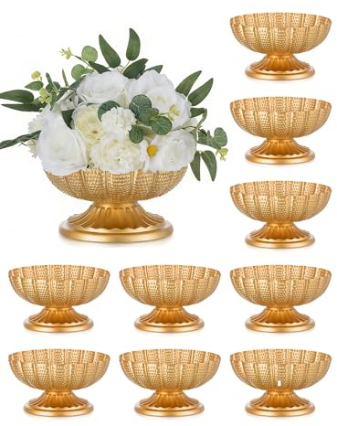 Inweder Metal Flower Vase for Table Centrepiece: 10 Pcs Vintage Gold Wedding Flower Arrangement Pot Vase for Flowers Small Plant Pot Planter Bowl for Party Event Anniversary Home Decor