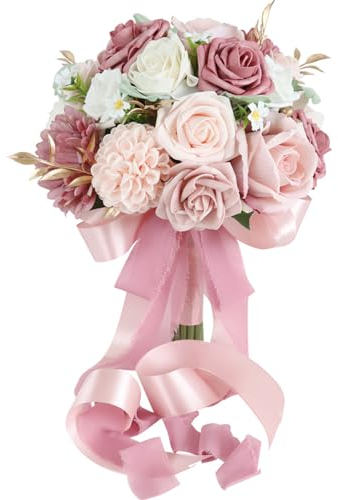 Fouriding Wedding Bride Bouquet,Artificial Hand Flowers Roses Bridal Bouquet Bridesmaid for Ceremony Anniversary Party Bridal Shower Decoration Wedding Bouquets (Bean Paste Pink)