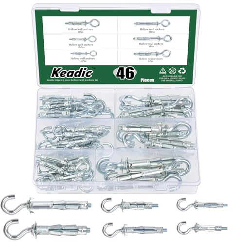 Keadic 46Pcs 6 Sizes Hollow Wall Anchor Screw Assortment Set, M4*32, M4*38, M5*37, M5*52, M6*52,M6*65, Heavy Duty Zinc Plated Steel Molly Bolts for Plasterboard Fixing (Hook Style)