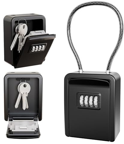 JOJOSEE Key Safe Outdoor, Key Lock Box with Removable Wire Rope Extended Shackle, Portable Lockbox with Code, Hangable Combination Key Box for Home, Garage, Warehouse