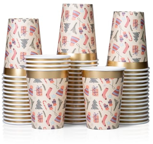 Vasos de café de papel desechables, paquete de 50 unidades, suministros de fiesta de Navidad, tazas calientes y frías de 12 onzas para restaurantes y fiestas, artículos de Navidad, lámina dorada