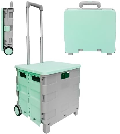 Berry 40L Foldable Shopping Trolley, Plastic Trolley Cart with 2 Wheels and Lid, Portable Cart with Telescopic Handle, Multipurpose Utility Cart for Shopping, Teacher - Mint Green and Grey
