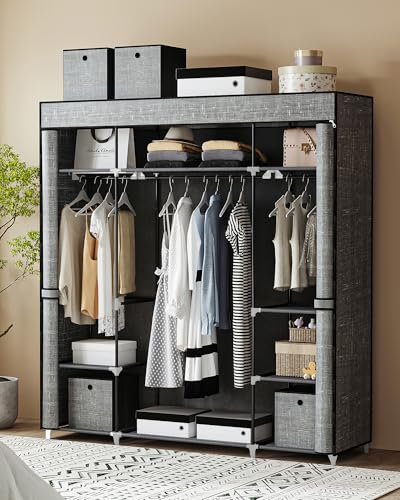 Hzuaneri Kleiderschrank, Stoffschrank, tragbarer Kleiderschrank für das Schlafzimmer, 3 Kleiderstangen mit Vliesstoffabdeckung, 9 Fächer, 162 x 43 x 175cm, grau EWO0203GCV2