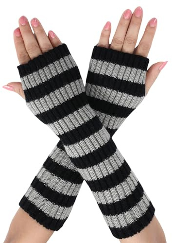 Symphonyw Damen Lange Fingerlose Handschuhe, Gestreift Stricken Armstulpen, Weiche Winter Armwärmer mit Daumenloch