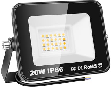 YOJZMA Projecteur LED d'extérieur 20W, 2000lm, lumière du jour 4000K, blanc chaud, IP66, étanche, éclairage de sécurité pour jardin, garage, cour, terrain de sport, patio, porche d'allée