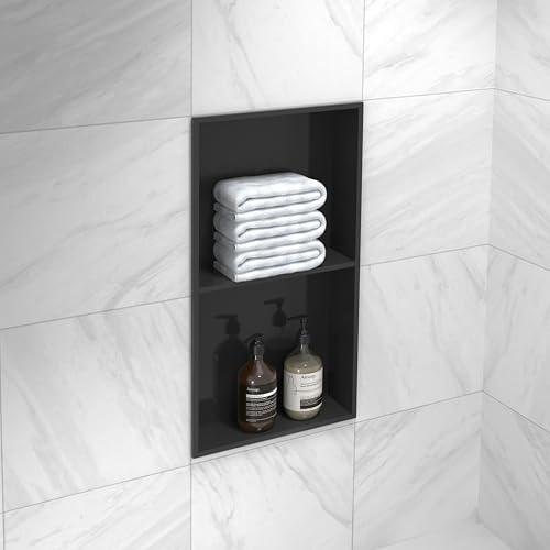 Strathwood Marwell Wandnische Dusche Schwarz 62 x 32 x 10 cm, Duschregal Einbaunische Edelstahl Schwarz, Wandregal Bad Ohne Fliesen, Nischeregal Dusche Modern, Wandablage Bad & Küche