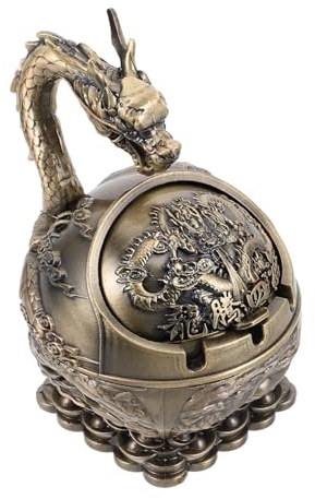 GETAJGHSD Vintage Wind-proof Decorative Metal Ashtray Lid Portable Dragon Design Smokeless Indoor Outdoor Home Patio Tabletop Ornament