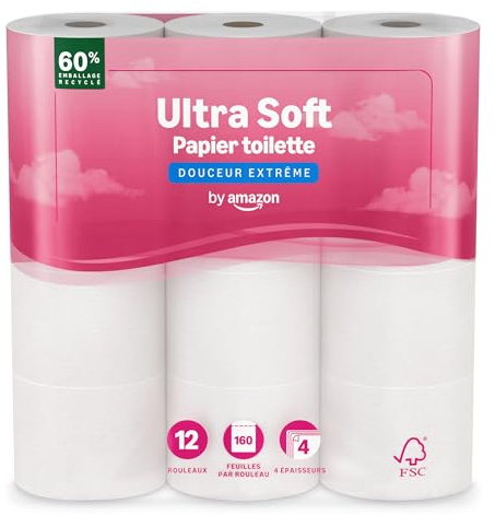 by Amazon Papier Toilette Ultra-Doux, 4 Épaisseurs, 12 rouleaux (1 Paquet de 12), 160 Feuilles par Rouleau, Certifié FSC