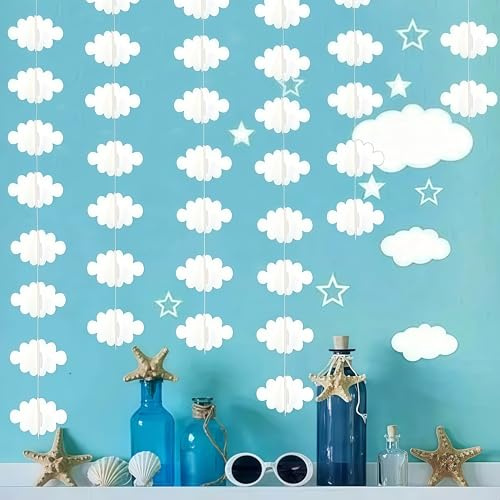 Lauthen.S 5pcs White Clouds Paper Garland, 49Ft Hanging Garlands 3D Cloud Party Banner for Baby Shower Weather Themed Birthday Party Decorations Classroom Backdrop Decor (White)