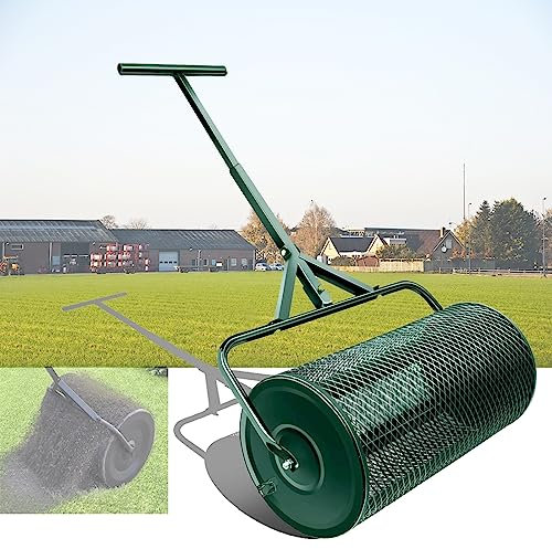 QLSABIA Épandeur de Mousse de Tourbe Épandeur de Compost pour pelouse et Jardin avec Rouleau en métal de 40 × 60 cm/15,7 × 23,6 Pouces et poignée réglable en Forme de T - Assemblé, Vert