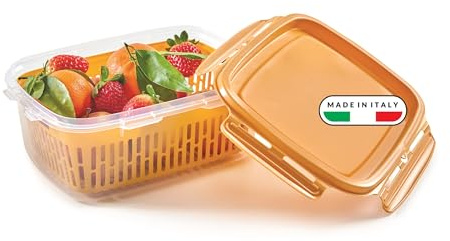 Snips Veggie SnipsLock 1,80 LT rechteckig Vorratdosen mit Abnehmbarem Korb, 4 Sicherheitsverschlüsse, Frischhaltedose Senffarbe, 22,5 x 17,7 x 9 cm, Made in Italy | Mustard 1,8L Veggie SnipsLock, 22,5 x 17,7 x 9 cm, abnehmbares Abtropfgitter, Dichtung, 4 Clips, luftdicht und auslaufsicher