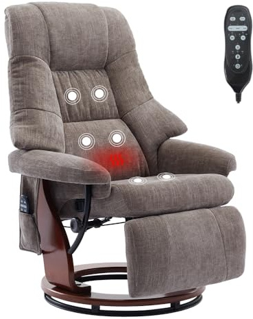 Mingone Fernsehsessel Massagesessel mit Wärmefunktion braun | Elektrisch Relaxsessel mit Liegefunktion, Holz TV-Sessel für Wohnzimmer, 360°Drehbar, bis 150kg