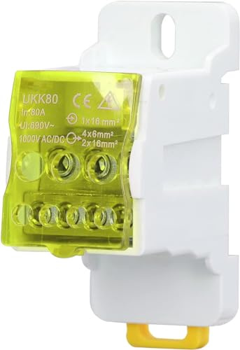 Morsettiera Distribuzione, UKK 690V, morsettiera elettrica, Scatola di Distribuzione Morsettiera su Guida DIN Scatola di Giunzione di Alimentazione Universale (1, Giallo, 80A)