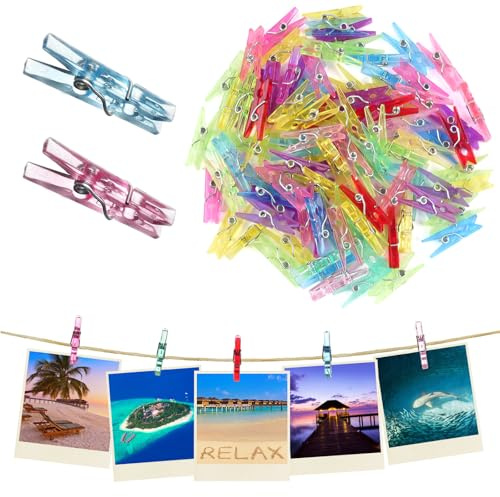 100 Stück Mini Wäscheklammern Transparent,Kleine Klammern | Kunststoff Farbig Fotoklammern mit Metallfeder für Fotos Aufhängen DIY Basteln Party Hochzeit Dekoration, 3 * 25mm