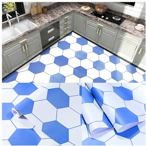 Rouleau de revêtement de sol en vinyle PVC antidérapant pour salle de bain, cuisine, salon, motif hexagonal bleu et blanc 60 cm x 5 m