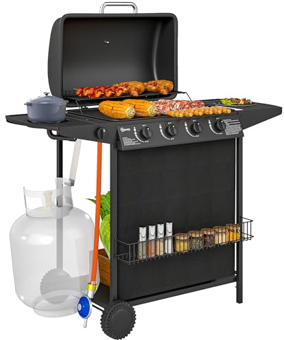 Outsunny Barbacoa de Gas BBQ Gas con 4+1 Quemadores 12 kW Barbacoa Portátil con Estante Especiero Termómetro Mesa Lateral 2 Ruedas Parrilla Recogedor de Grasa para Exterior Jardín Camping Negro