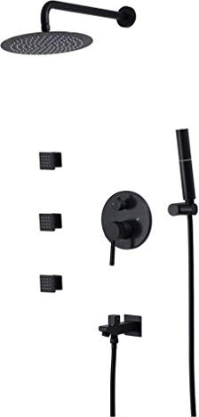 Wandmontierte Schwarze Badezimmerdusche 10 rostfrei runde ultradünne Niederschlagsduschkopf mit 3 Körpersprays SND -Handheld -Sprühgerät, Luxusdusch -Set