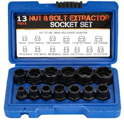 Axincardarm 13 Pcs Nut Extractor Socket Set Impact Bolt and Nuts Remover Set, Locking Wheel Nut Removal Tool for Removing Rusted Damaged or Broken Nuts