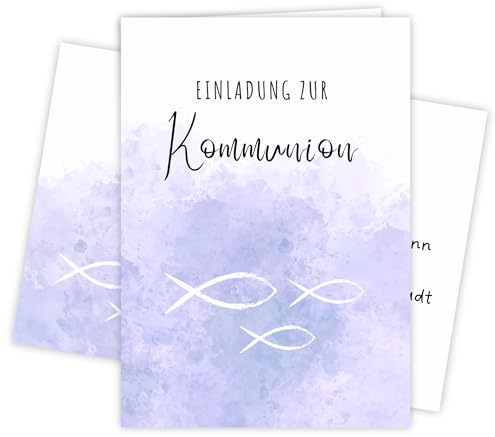 møij 12x Einladungskarten zur Kommunion Lila | inkl. passender Umschläge, DIN A6 Klappkarten, stabiler Karton, zum Ausfüllen