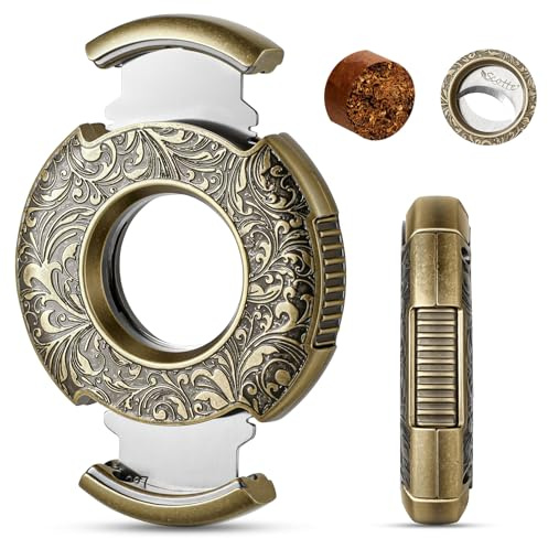 Scotte Cortador de cigarros guillotina de bronce grabado, cortador recto de forma redonda, doble hoja de acero inoxidable, accesorios portátiles para cigarros en caja de regalo