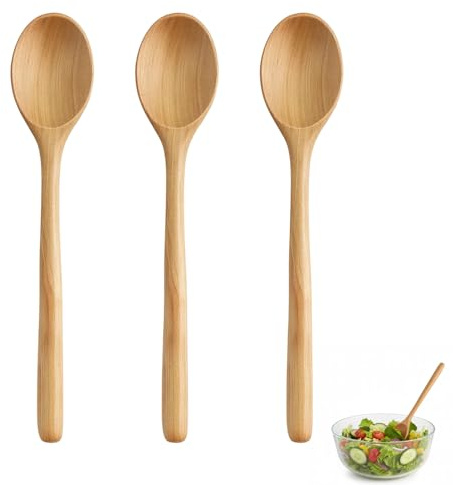 Wooden Spoons, 3 Pack Natural Wood Cooking Spoons, Durable Wooden Cooking Utensils for Non-Stick Cookware, Stirring Serving & Mixing, Essential Kitchen Utensils Set for Everyday Cooking