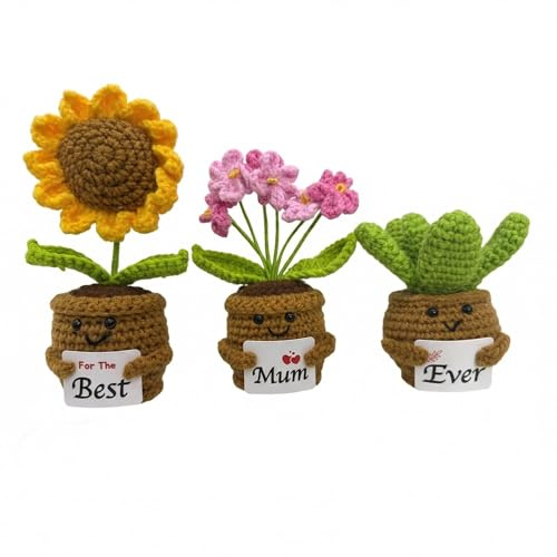 Yikryy Handmade Crochet Potted Plants 3Pcs Set for the Best Mum Ever, Sunflower Cactus Mum Decor, Mother's Day Birthday Thanksgiving, Emotional Support Ornament for Bedroom