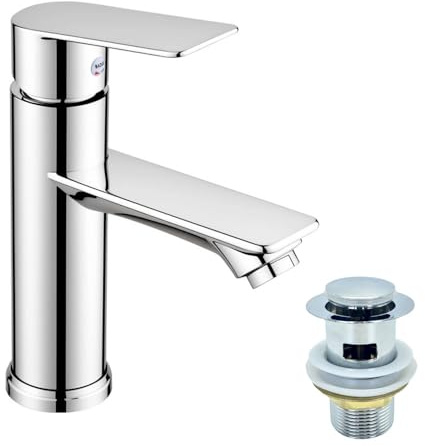 Basin Mixer Tap Bathroom Sink Taps Single Lever, Stainless Steel Modern with High-Arc Spout for Traditional Washbasin with Pop up Waste with 2pcs Explosion-Proof Water Inlet Pipes (Flat Handle)