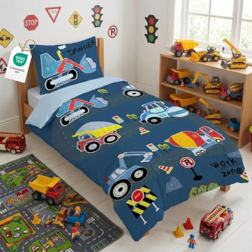 HOMHOMHA Blaue Bagger Bettwäsche Kinder 135x200 - Bettbezug Set mit Kissenbezug 80x80 | Baustellen-Motiv Jungen Bettwäsche aus Microfaser