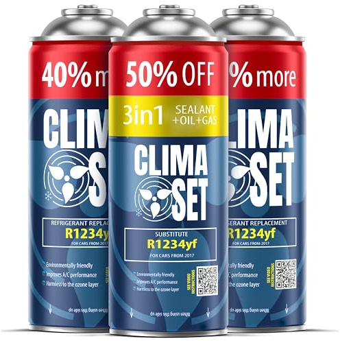 CLIMASET - 3-I-1 R 1234yf Luftkonditioneringspåfyllning, Olja, Läckagetätningsmedel XL & 2x R1234yf XL - AC-Gaspåfyllningssats - Påfyllningssats för Bilens Luftkonditionering