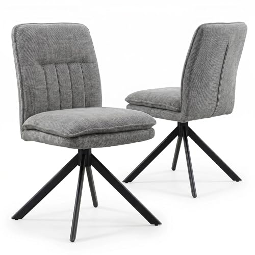FurniSoar 2er Set 360° Drehbar Esszimmerstühle Grau, Ohne Armlehnen, Doppelte Polsterung & Bogen-Rückenlehne, Chenille mit Drehfunktion & justierbaren Bodenschonern, Moderne Esszimmerstühle