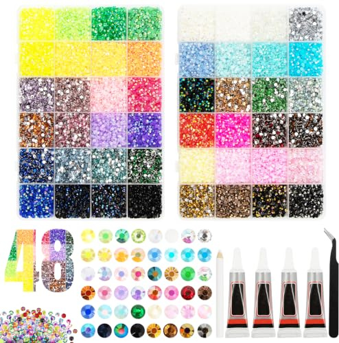 SPOKKI 48000 Strasssteine Kit with Glue, 48 Farben Glitzersteine Bedazzler Kit 3mm Harz Buntes Flatback Rhinestones für Nageldesign Gesichtsbemalung Kostüme Bastelarbeiten