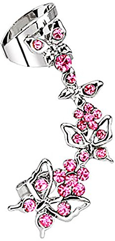 Piercingfaktor Damen Ohrstecker Ohrklemme Ear Cuff Schmetterling mit Strass Kristall Lang Ohrringe linkes Ohr Silber Pink
