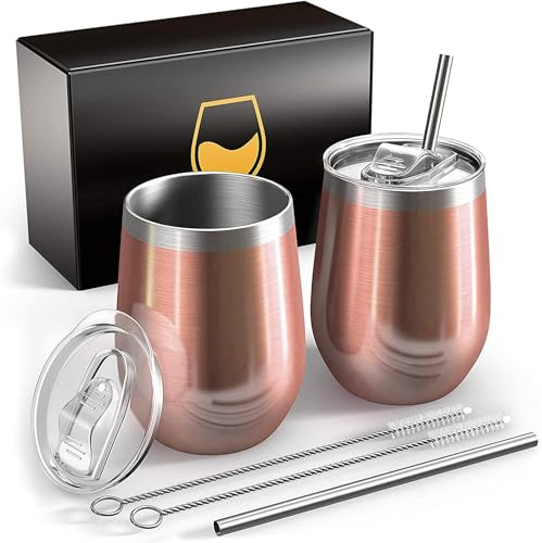 FloweryOcean Weinbecher aus Edelstahl, 2 Stück 12OZ Weingläser to go, hält 5h heiß/ 10h kalt, BPA-frei, Doppelwandigen Vakuumisoliert Weinglas, Camping Geschenk für Frauen, Roségold