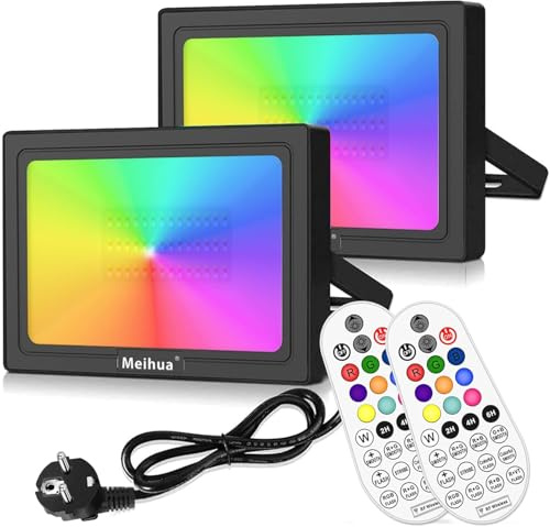 MEIHUA 60 W RGB LED-strålkastare 2-pack med fjärrkontroll, IP66 vattentät strålkastare utomhus 10 färger 12 lägen färgbyte dimbar strålkastare inomhus utomhus med timer minnesfunktion för trädgård