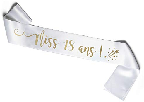 OLILLY - Écharpe Anniversaire Femme – Miss 18 Ans – Écharpe Blanche Satinée avec Inscription Dorée – Accessoire Festif pour Anniversaire – Idée Cadeau Originale (18 ans)