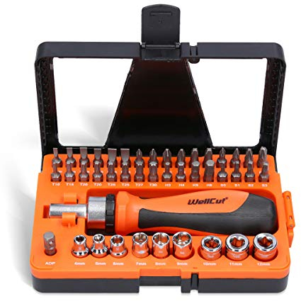 WELLCUT 44 pcs Universal Ratchet and Screwdriver Bit Set with Case, Hex/Torx/Slotted/Phillips/Pozidriv/Square for DIY/Electronics Repair/Hand Tools, WC-RSD44, Orange, Medium