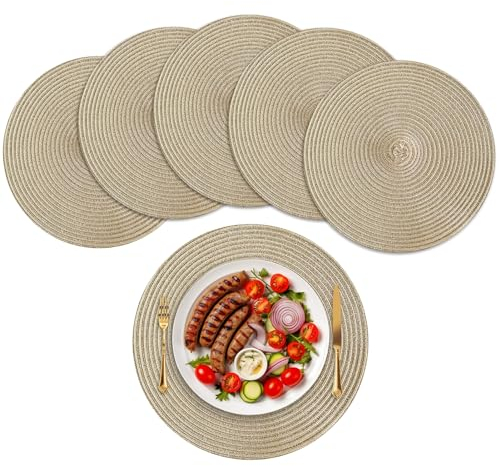 wiipara Runde Tischsets Platzsets Abwaschbar 6er Set, Geflochten Platzdeckchen 38cm, Tischset Rund Boho Platzteller Hitzebeständig für Esszimmer, Küche, Hochzeit, Weihnachten - Gold