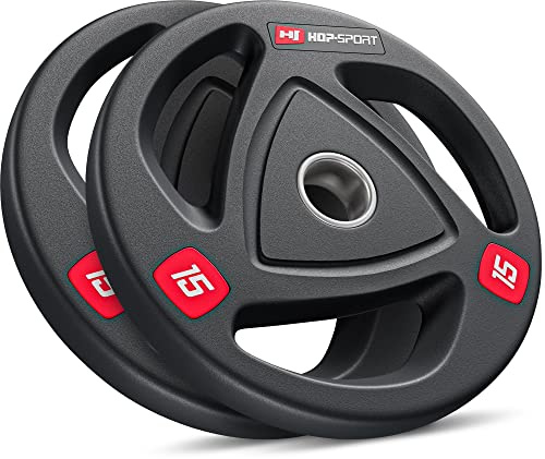 Hop-Sport Hantelscheiben 50mm Set, olympische Gewichtsscheiben aus Gusseisen für Langhantelstangen, Bumper Plates mit rutschfester gummierter Oberfläche für Krafttraining | 30 kg Set (2 x 15 kg)