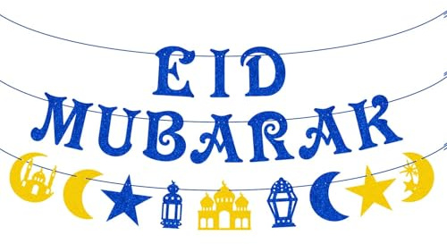 AhfuLife Eid Deko, Eid Mubarak Dekoration Set - Vormontiert Aid Mubarak Banner Stern Mond Ramadan Girlande mit 14 Stück Gold Blau Weiß für Ramadan Kareem Party Deko
