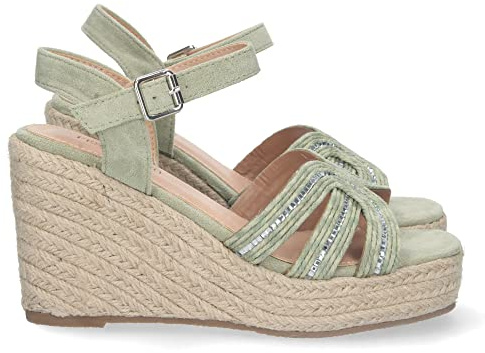 shoes&blues.es 72443 Sandalia de Cuna para Mujer, Comoda, Forrado de Yute, Palas Cruzadas, Talon Abierto, y Cierre de Hebilla Verde Talla 38