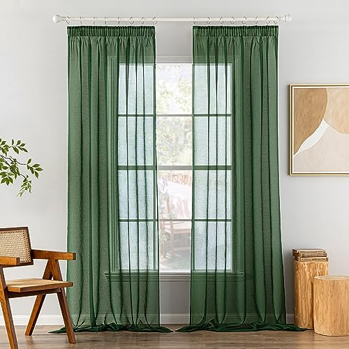 MIULEE Gardinen Vorhänge mit Kräuselband 2er Set Gardine Vorhang Gardinen Wohnzimmer aus Sheer Voile Curtains Transparent Schlafzimmer Dunkelgrün 140 x 245 cm