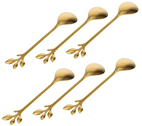 Veemoon Cucharas Creativas de Acero Inoxidable Forma de Hoja Doradas, Juego de 6 Piezas, Cucharas de Postre y Té Helado para Uso Doméstico y Cócteles