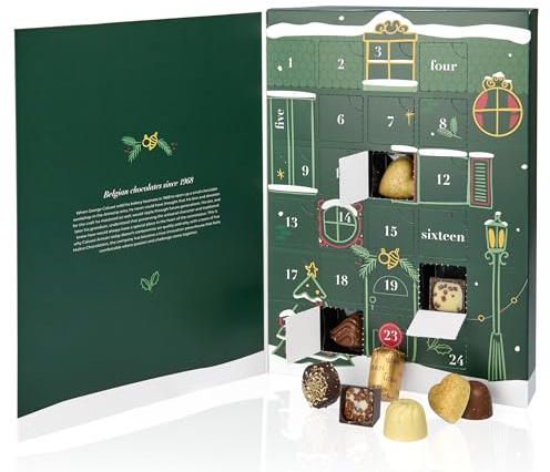 Calendrier de l'Avent de luxe 2024 avec des pralines belges de qualité supérieure. Fabriqués de façon traditionnelle et artisanale. Une délicieuse surprise pour chaque jour