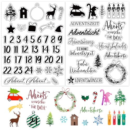 BETESSIN 2Blatt Klare Stempel Adventskalender Silikon Stempel Stempelmotive Weihnachten Advent Clear Stamps Deutsch Sprüche Weihnachtsstempel für Kartenherstellung DIY Geschenk Scrapbooking