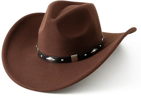 Lanzom Women Men Classic Felt Wide Brim Western Cowboy Cowgirl Hat with Belt Buckle(Coffee 1, Large-X-Large)
